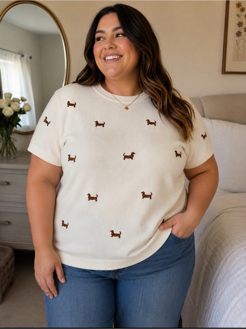 Cream Short-Sleeve Dog Embroidered Sweater - Women